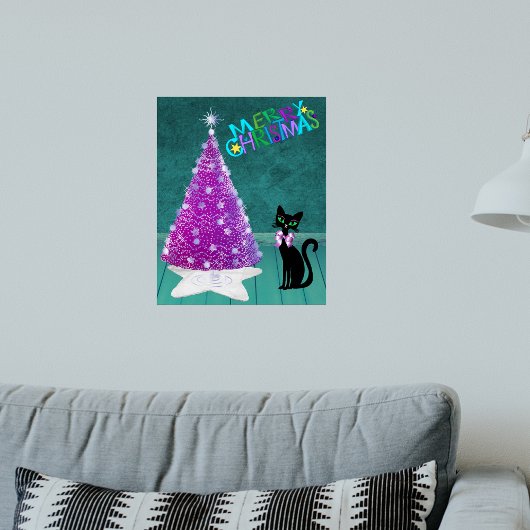 Sparkle Pink Silver Tree Merry Christmas Black Cat ポスター