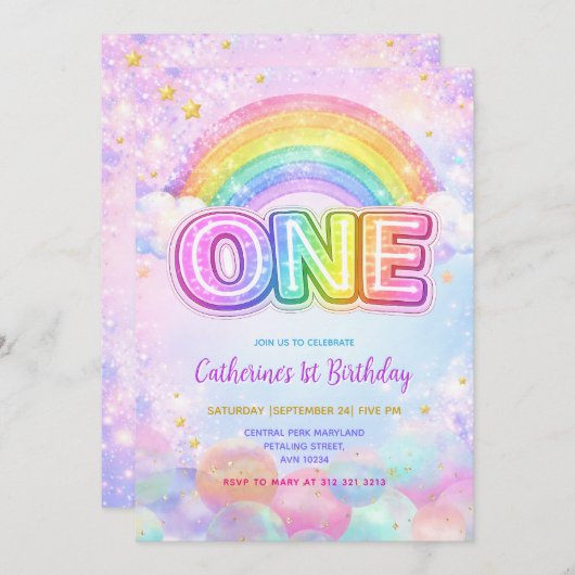 Sparkle Rainbow 1st Birthday Party 招待状 (正面/裏面)