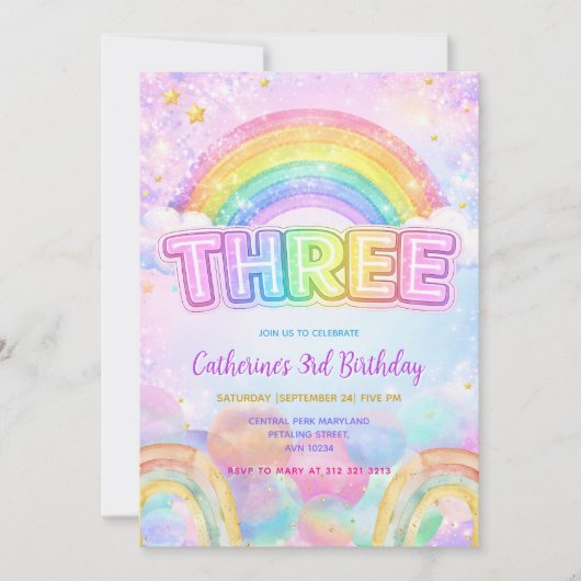 Sparkle Rainbow 3rd Birthday Party 招待状 (正面)