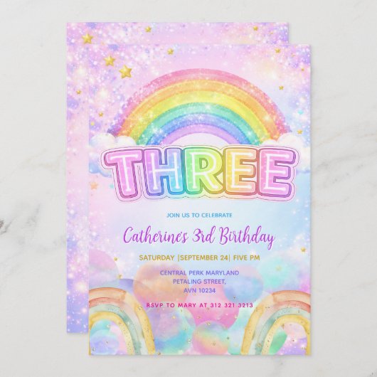 Sparkle Rainbow 3rd Birthday Party 招待状 (正面/裏面)