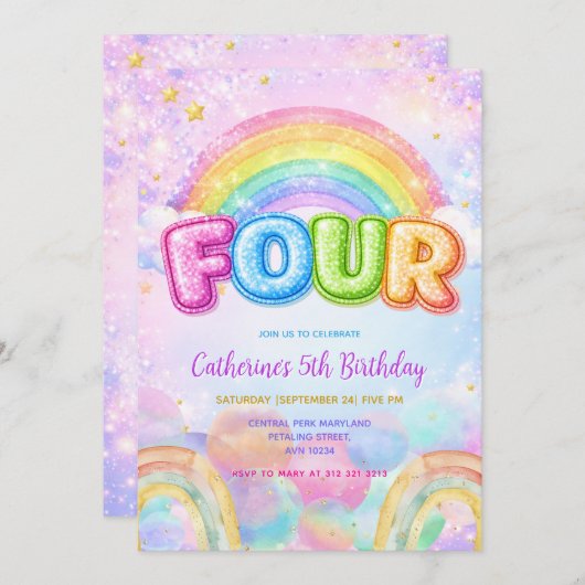 Sparkle Rainbow 4th Birthday Party 招待状 (正面/裏面)