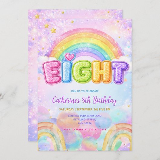 Sparkle Rainbow 8th Birthday Party 招待状 (正面/裏面)