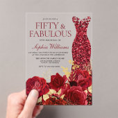 Sparkle Red Dress Roses Gold Leaf 50th Birthday アクリル招待状 (インサイチュ (ポータブル))
