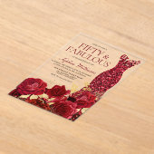 Sparkle Red Dress Roses Gold Leaf 50th Birthday アクリル招待状 (レイダウン)