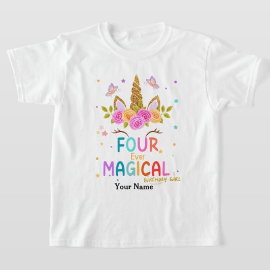 Sparkles Four Ever Magical Unicorn 4歳の誕生日 Tシャツ (レイダウン)