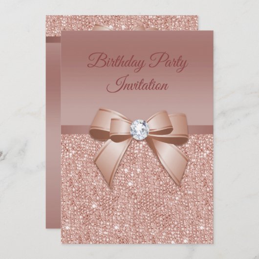 Sparkles & Glamor、バラ金ゴールド誕生日パーティー 招待状 (正面/裏面)