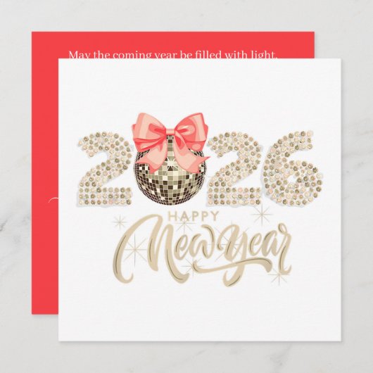 Sparkling 2026 New Year’s Card with Disco Ball Bow シーズンカード (正面/裏面)