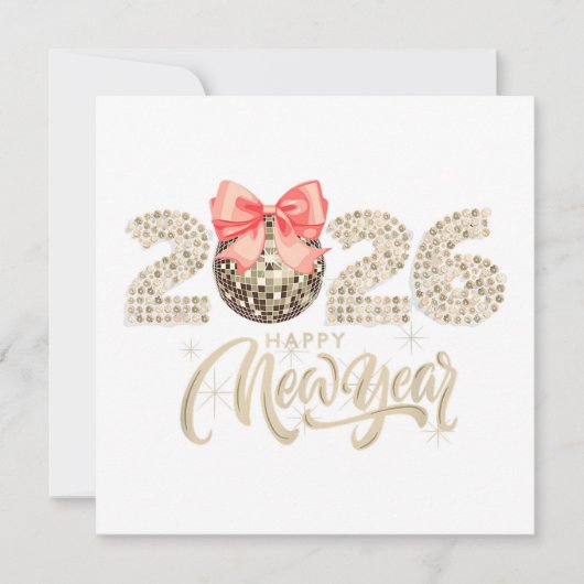 Sparkling 2026 New Year’s Card with Disco Ball Bow シーズンカード (正面)