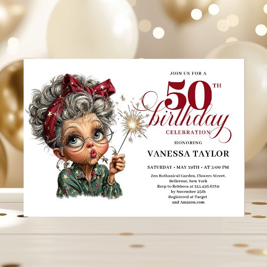 Sparkling 50th party funny woman quirky invite 招待状