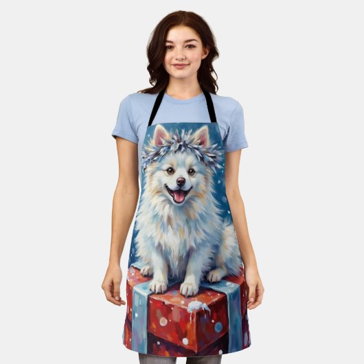 Sparkling American Eskimo Dog Festive Gift Cushion エプロン (着用した状態)