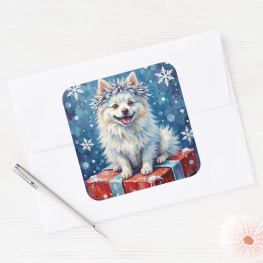 Sparkling American Eskimo Dog Festive Gift Cushion スクエアシール (封筒)