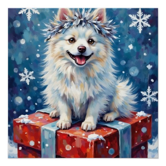 Sparkling American Eskimo Dog Festive Gift Cushion ポスター (正面)