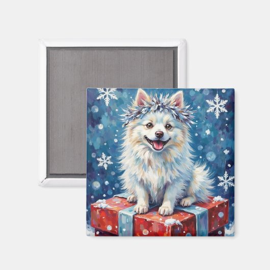 Sparkling American Eskimo Dog Festive Gift Cushion マグネット (正面/裏面)