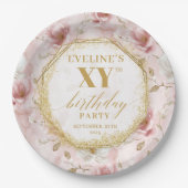 Sparkling Blush Floral Gold Birthday Paper Plates ペーパープレート (正面)