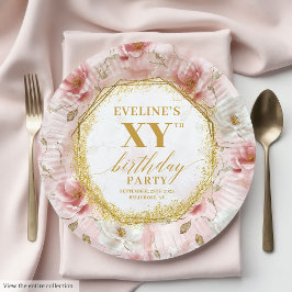 Sparkling Blush Floral Gold Birthday Paper Plates ペーパープレート