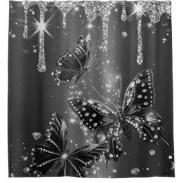Sparkling Butterflies in Silver Shower Curtain シャワーカーテン