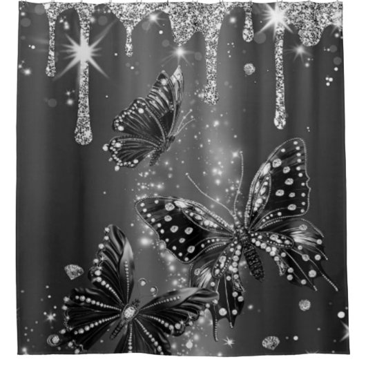 Sparkling Butterflies in Silver Shower Curtain シャワーカーテン (正面)
