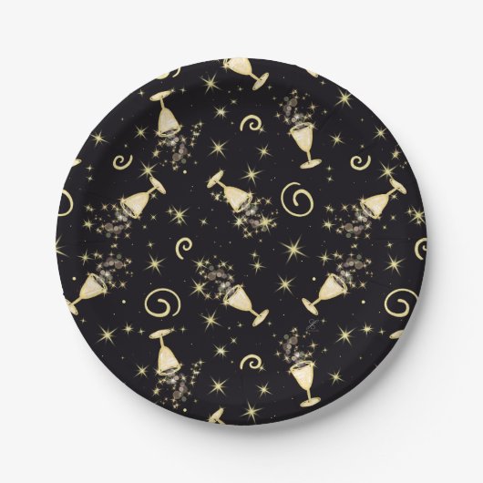 Sparkling Celebration Gold & Black Cocktails&Stars ペーパープレート (正面)