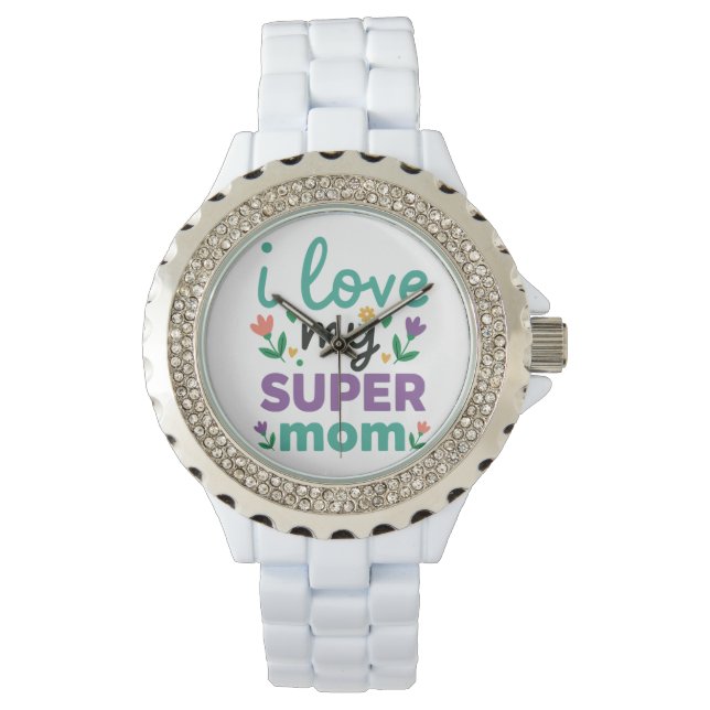 Sparkling Diamond Bezel Super Mom White Link Watch 腕時計 (正面)