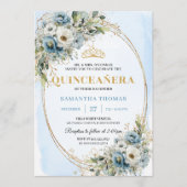 Sparkling Dusty Blue Gold Greenery 15th Birthday  招待状 (正面)