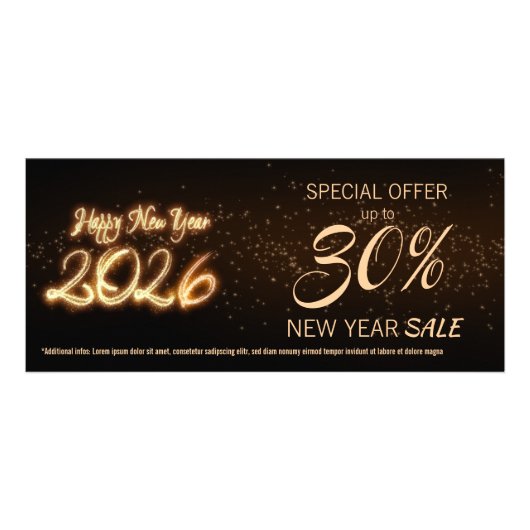 Sparkling Happy New Year 2026 Fireworks Discount ラックカード (正面)
