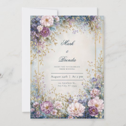 Sparkling Lavender Indigo Gold Border Wedding 招待状 (正面)