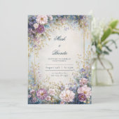 Sparkling Lavender Indigo Gold Border Wedding 招待状 (スタンド正面)