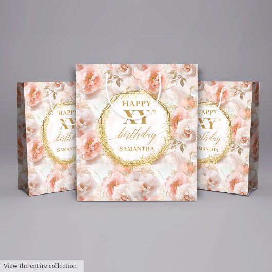 Sparkling Light Pink Boho Gold 70th Birthday  ミディアムペーパーバッグ