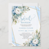 Sparkling Pastel Blue White Floral Sweet 16 Invite 招待状 (正面)