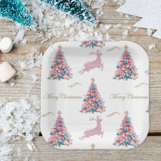 Sparkling Pastel Reindeer Christmas Paper Plates ペーパープレート