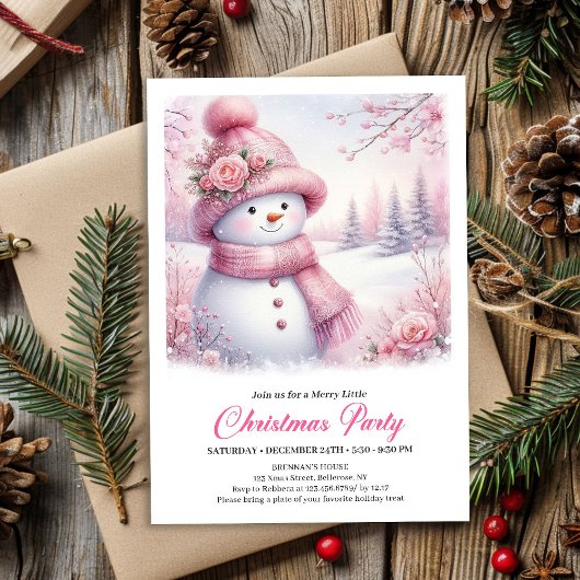 Sparkling Pink Snowman Kids Christmas Invite Digit 招待状
