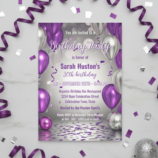 Sparkling Purple and Silver 30th Birthday Party 招待状