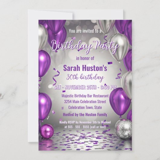 Sparkling Purple and Silver 30th Birthday Party 招待状 (正面)