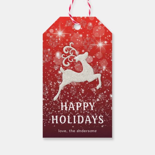 Sparkling Red Background White Reindeer Luxury ギフトタグ (裏面)