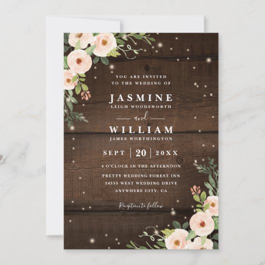 Sparkling Rustic Floral Country QR Code Wedding 招待状 (正面)