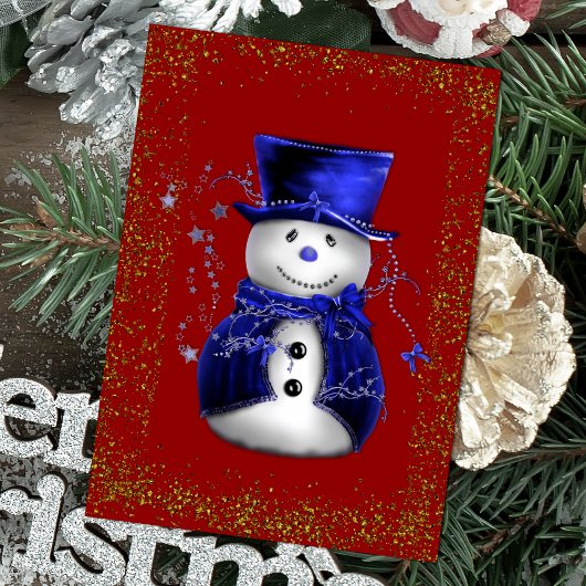 Sparkling Snowman in Blue Velvet Christmas カード