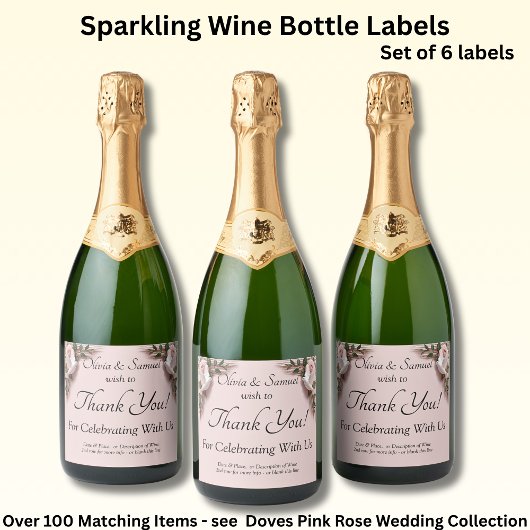 Sparkling Wine Bottle Labels, Pink Roses & Doves  スパークリングワインラベル