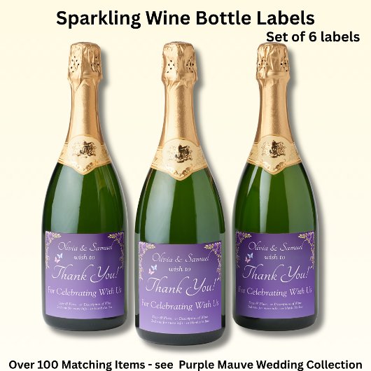 Sparkling Wine Bottle Labels, Purple Mauve Flowers スパークリングワインラベル