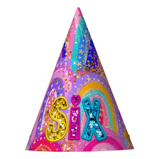 Sparkly 6th Rainbow Sequin Gold Glitter Maximalist パーティーハット (正面)