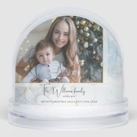 Sparkly Blue & Gold Marble Photo Snow Globe (正面)