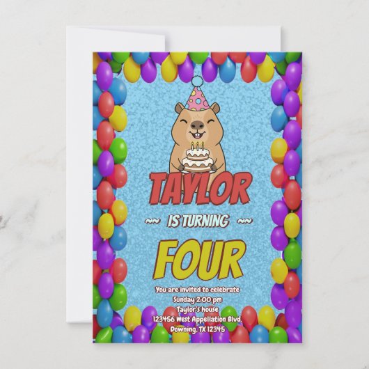 Sparkly Capybara Birthday Invite 招待状 (正面)