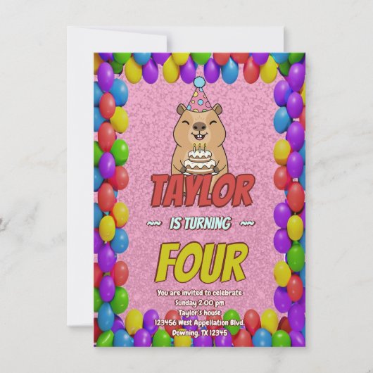 Sparkly Capybara Birthday Invite 招待状 (正面)
