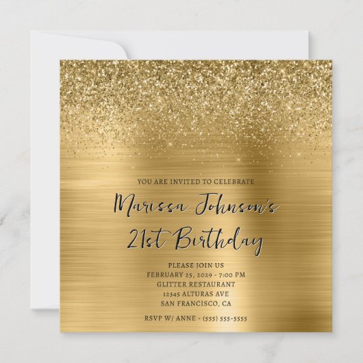 Sparkly Glitter Gold Foil 21st Birthday 招待状 (正面)