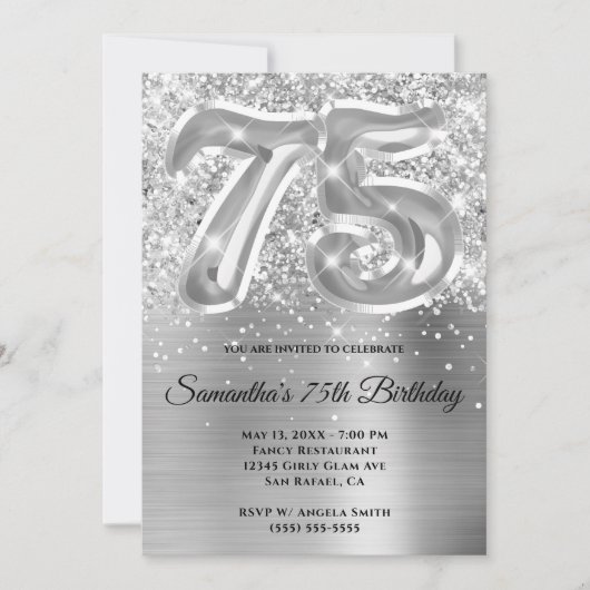 Sparkly Glittery Silver Glam 75th Birthday 招待状 (正面)