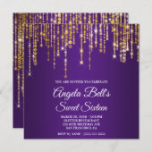 Sparkly Gold Lights Royal Purple Sweet Sixteen 招待状 (正面/裏面)