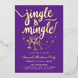 Sparkly Gold Purple Jingle Mingle Cocktail Doodles 箔招待状