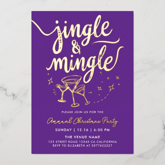 Sparkly Gold Purple Jingle Mingle Cocktail Doodles 箔招待状 (正面)