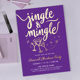 Sparkly Gold Purple Jingle Mingle Cocktail Doodles 箔招待状