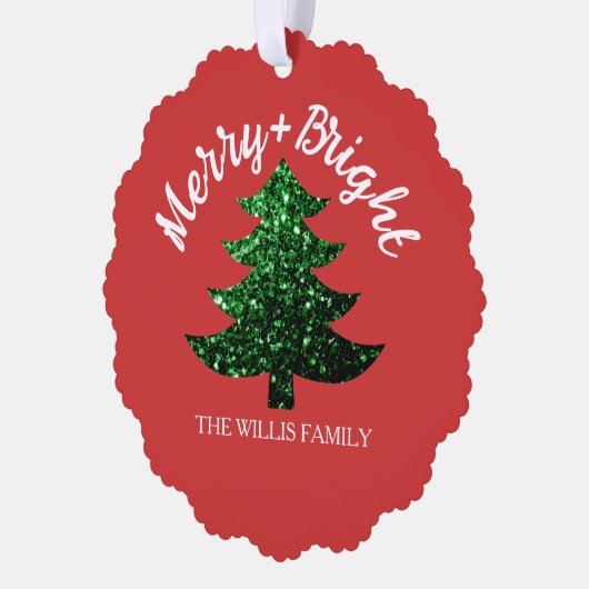 Sparkly Merry bright Christmas tree Custom name オーナメントカード (左)