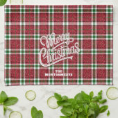 Sparkly Merry Christmas Plaid Family Name キッチンタオル (折り畳み)